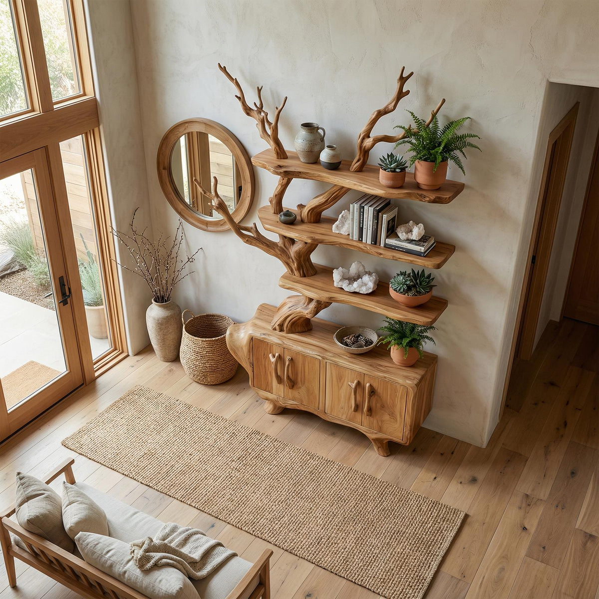 Tree Branch Bookshelf with Storage Cabinet, Solid Wood Artistic Bookcase, Modern Living Room display Unit