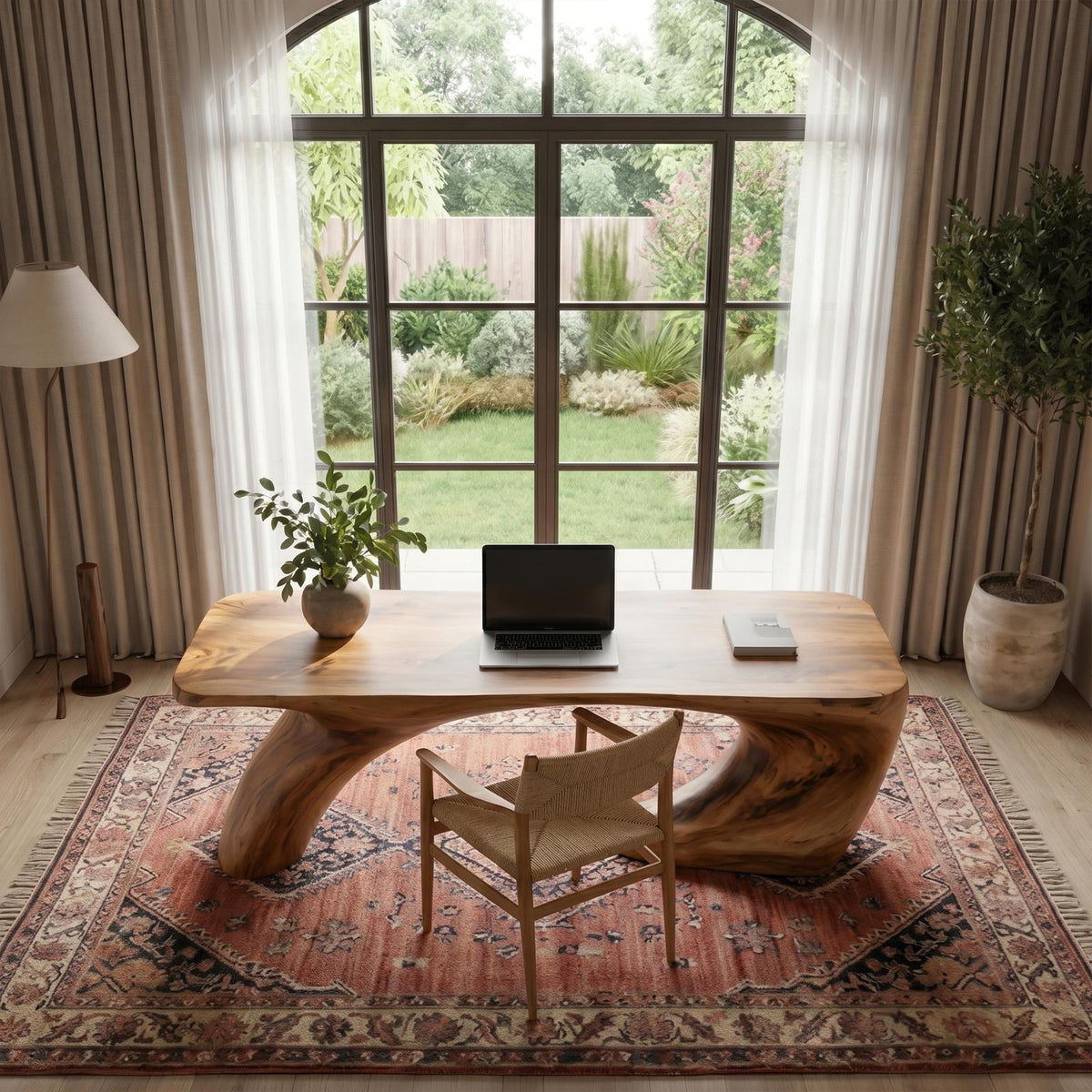 Modern Organic Desk, Sculptural Curved Solid Wood Base & Writing Table for Home Office Workspace
