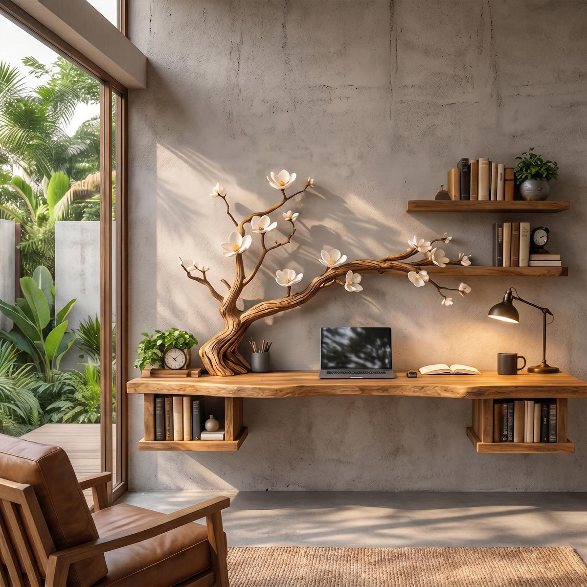 Organic Sculptural Floating Desk With Tree Branch Art For Home Office