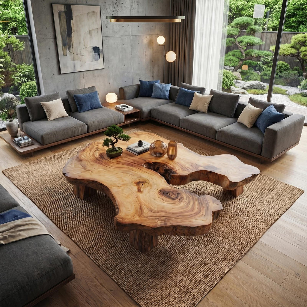 Spry Interior Rustic Organic Coffee Table, Handcrafted Solid Wood Live Edge Centerpiece Slab Table for Modern Living Room, Lounge - SINLKICF128