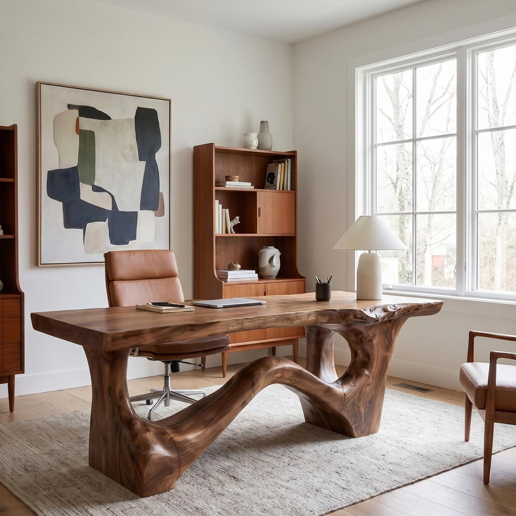 Organic Sculptural Desk, Asymmetrical Solid Wood Base & Writing Desk Top for Office & Study