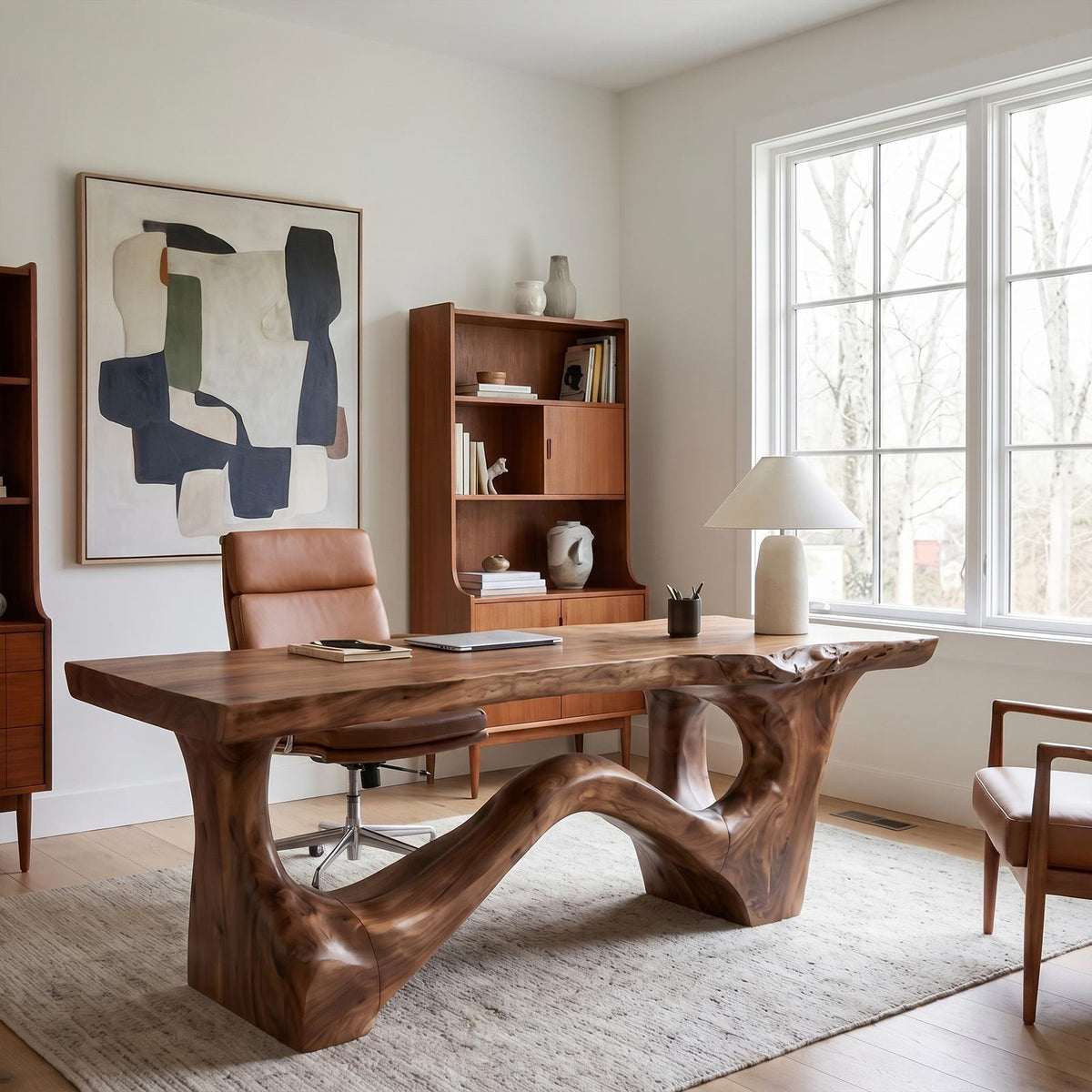 Organic Sculptural Desk, Asymmetrical Solid Wood Base & Writing Desk Top for Office & Study