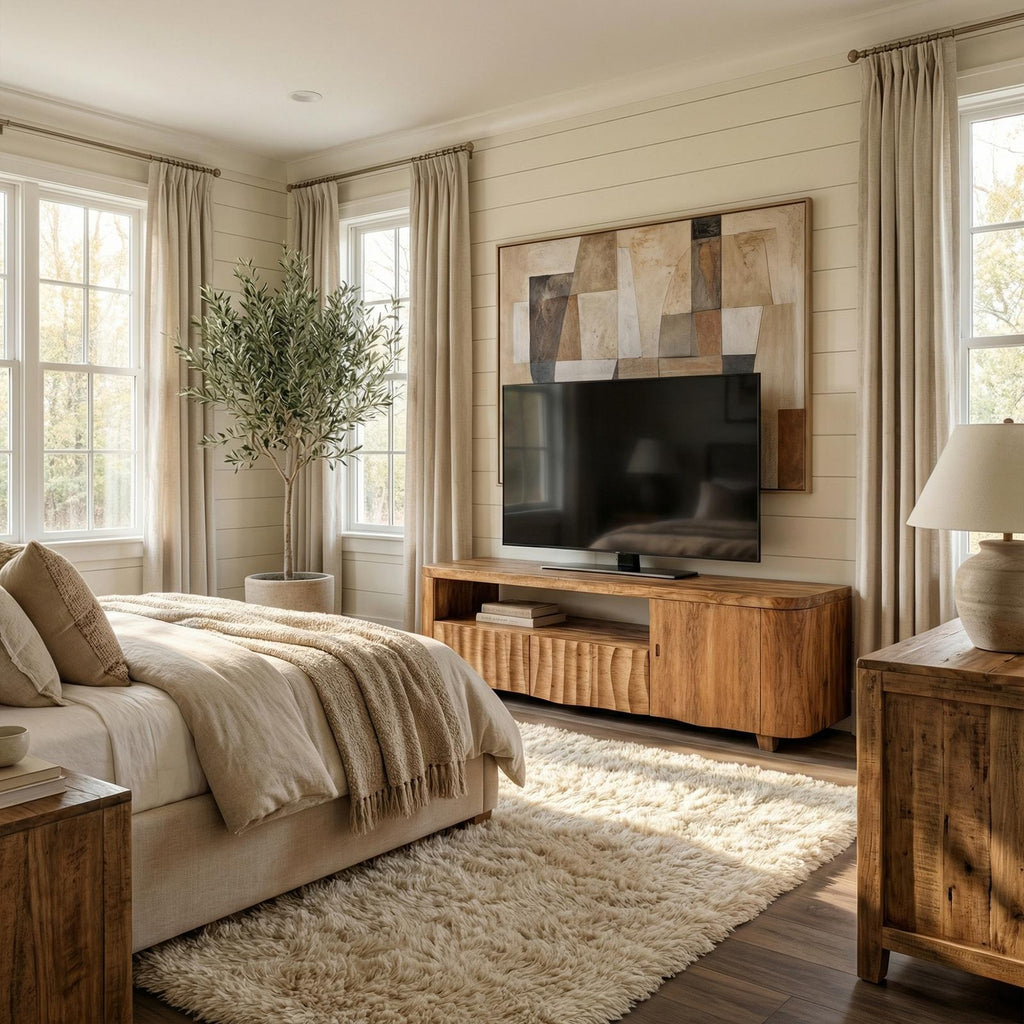 Modern TV Cabinet, Solid Wood Media Console with Storage Drawer & Shelves for Living Room