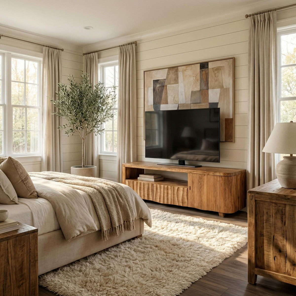 Modern TV Cabinet, Solid Wood Media Console with Storage Drawer & Shelves for Living Room