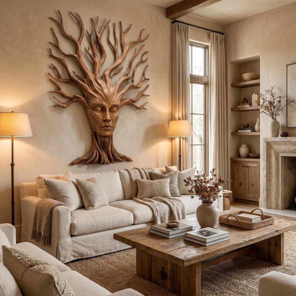Mystical Tree Spirit Wooden Wall Art, Hand-Carved Sculptural Face Design Decor for Entryway & Living Room