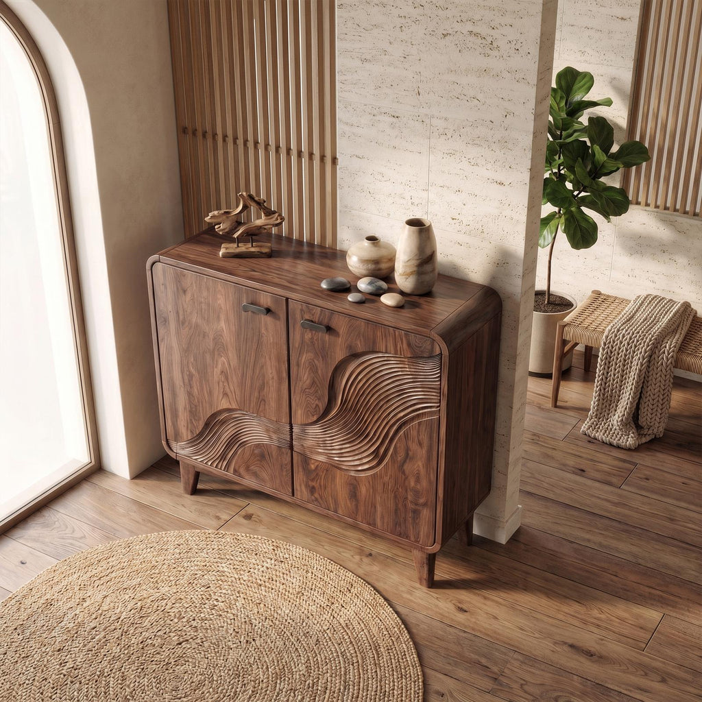 Mid-Century Sculptural Storage Cabinet, Solid Wood Sideboard Buffet Credenza for Living Room, Dining Room