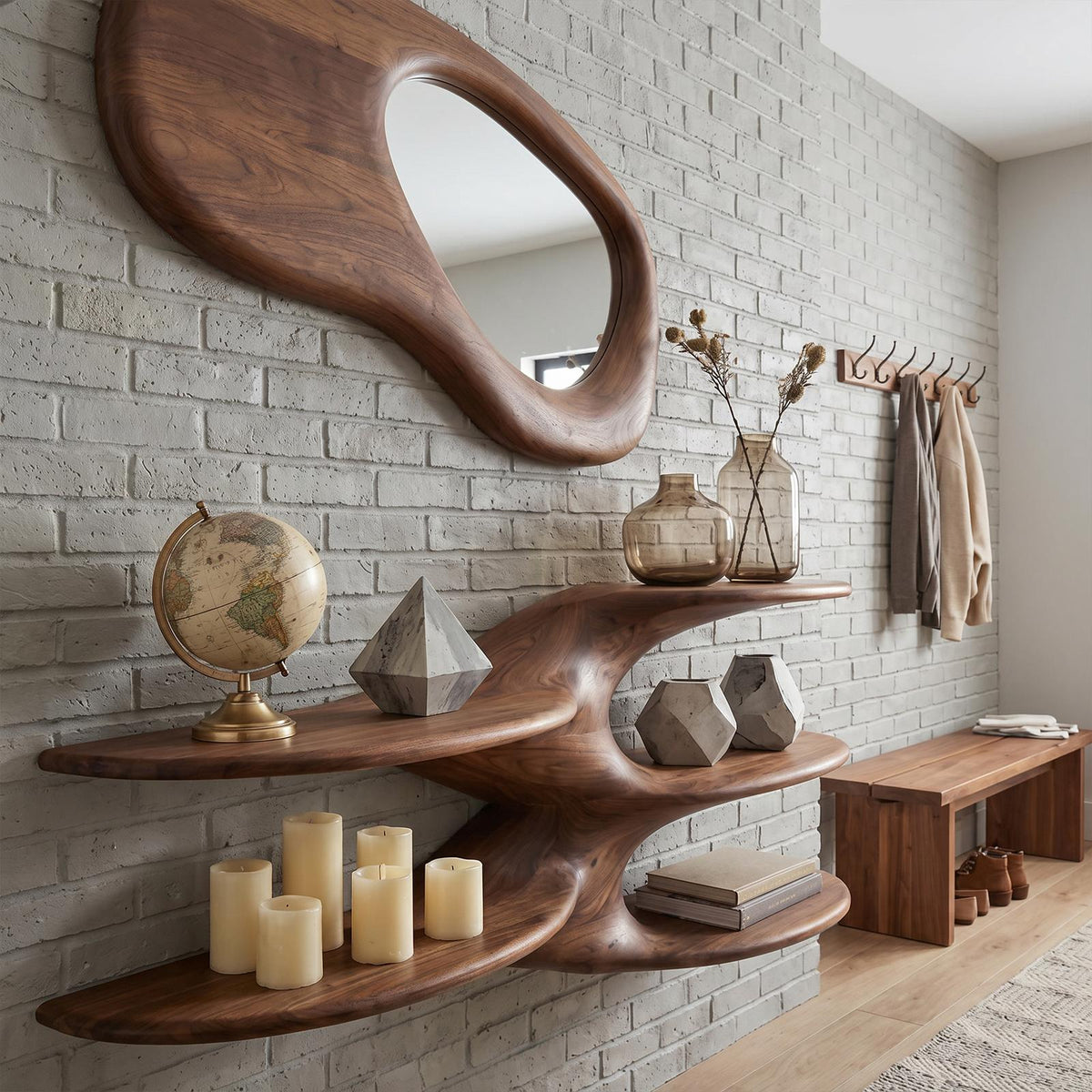 Sculptural Floating Wall Shelf, Handcrafted Solid Wood Wave Display Ledge for Bedroom & Living Room