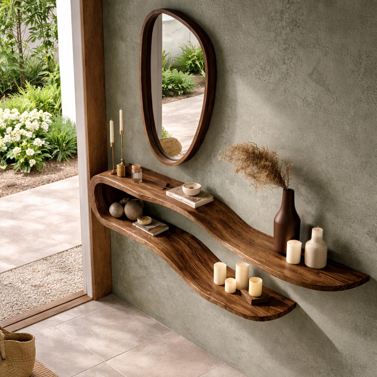 Organic Curved Floating Wall Shelf, Handcrafted Solid Wood Hanging Wave Display for Living Room Bedroom