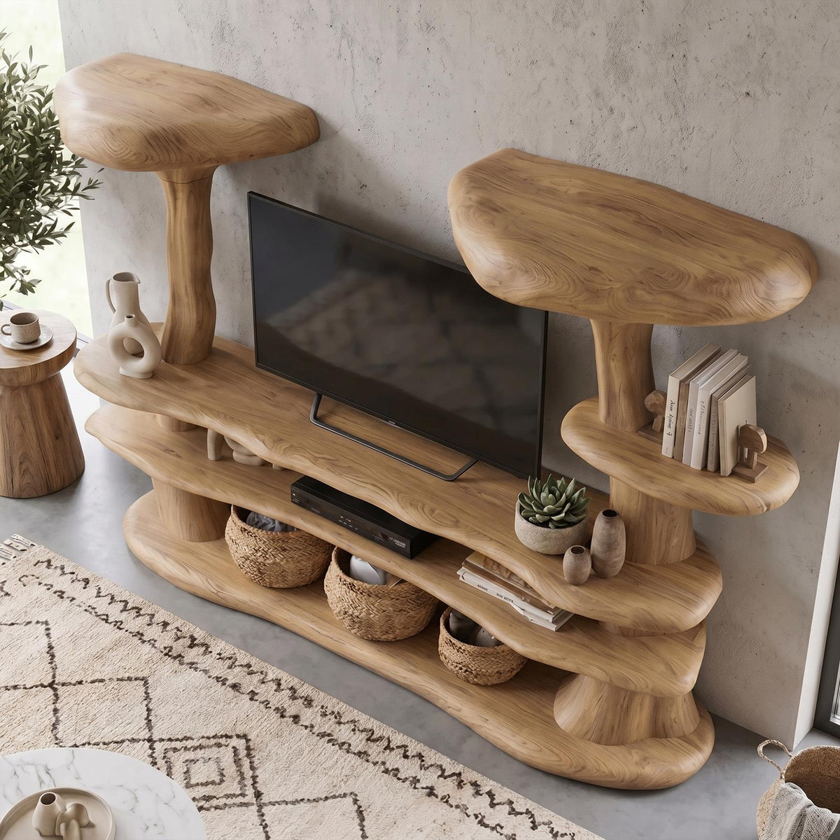 Organic Mushroom TV Stand, Sculptural Solid Wood Entertainment Center, TV Console Media Cabinet for Living Room