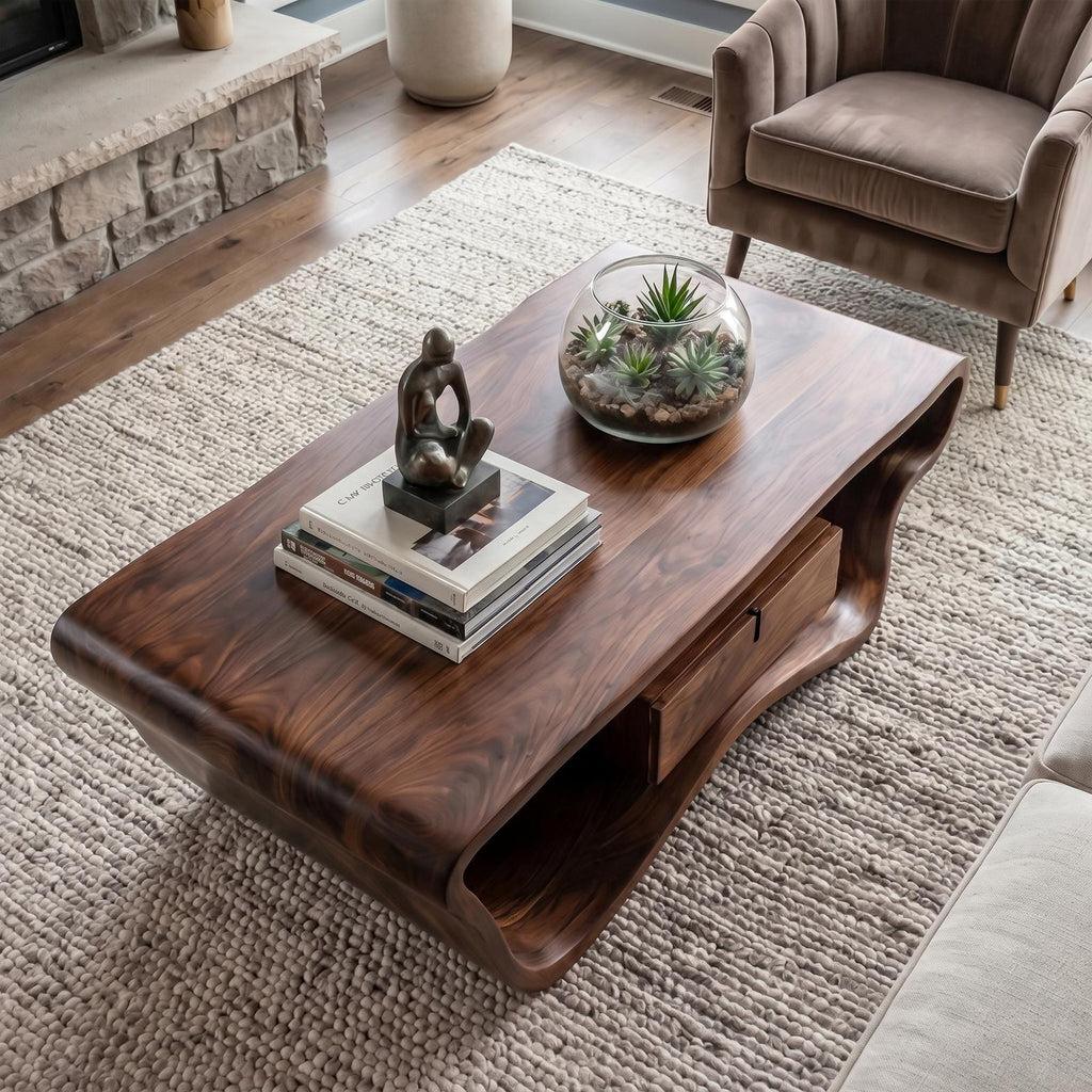 Curved Sculptural Coffee Table with Storage Drawer, Modern Solid Wood Center Accent Table