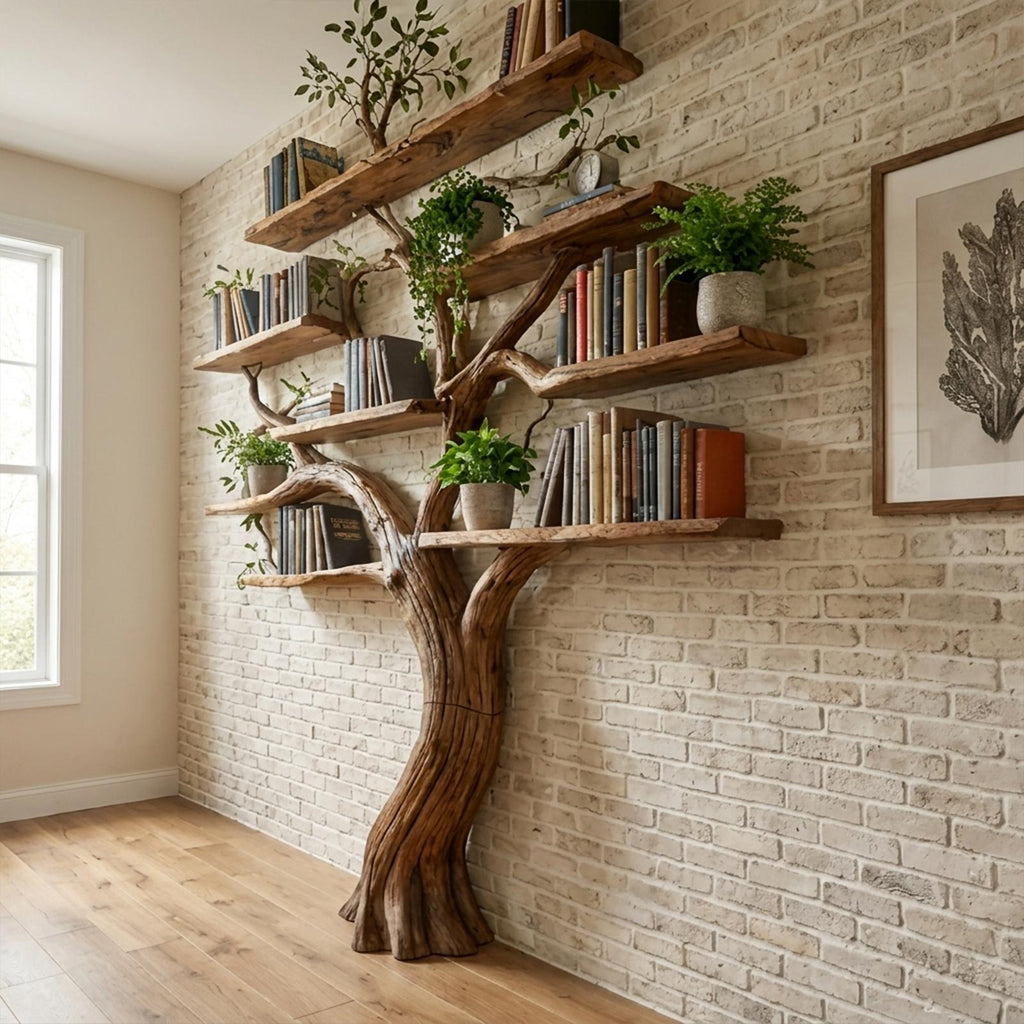 Organic Modern Large Tree Bookshelf, Freestanding Solid Wood Branch Bookcase & Storage Unit for Study & Library