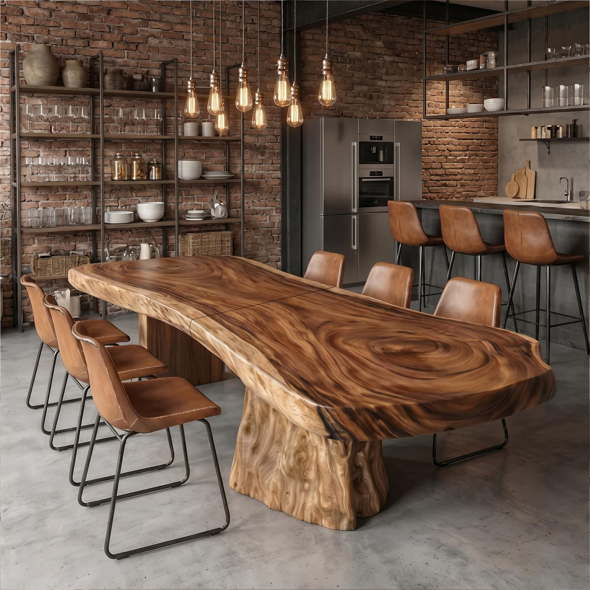 Organic Sculptural Dining Table With Live Edge Solid Wood Top And Pedestal Base For Dining Room SINLKIDT185