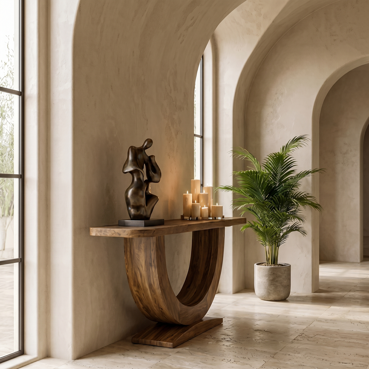 Contemporary Organic Solid Wood Console Table with U-Shape Pedestal Base, Entryway Sofa Table for Living Room
