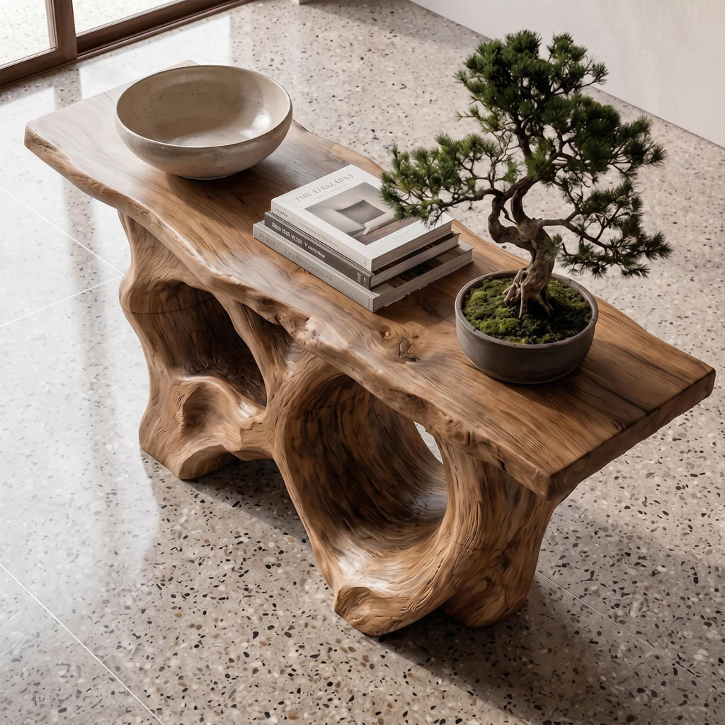 Modern Console Table With Sculptural Asymmetrical Wood Base For Living Room