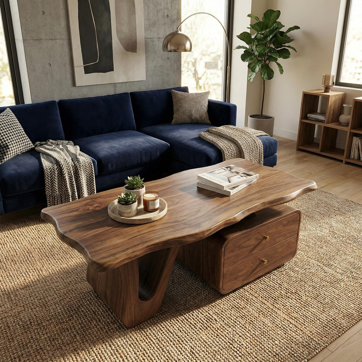 Modern Coffee Table with Storage, Handcrafted Solid Wood Center Accent Table for Living Room Lounge