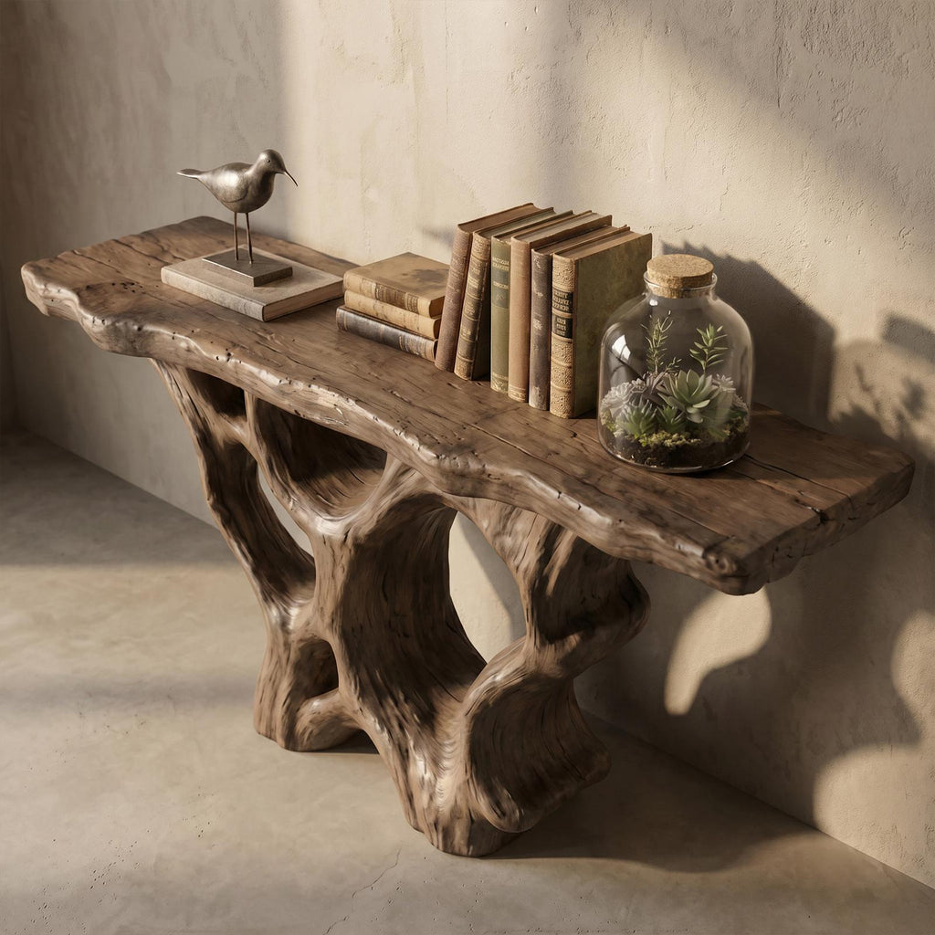 Organic Solid Wood Console Table with Sculptural Natural Wood Base, Unique Entryway Sofa Table for Living Room