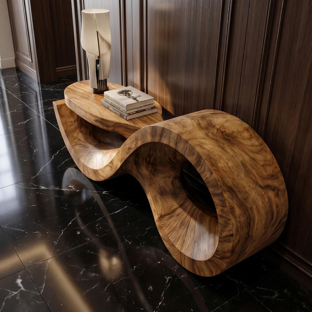Contemporary Solid Wood Console Table with Sculptural Wave Base, Modern Entryway Sofa Table for Living Room