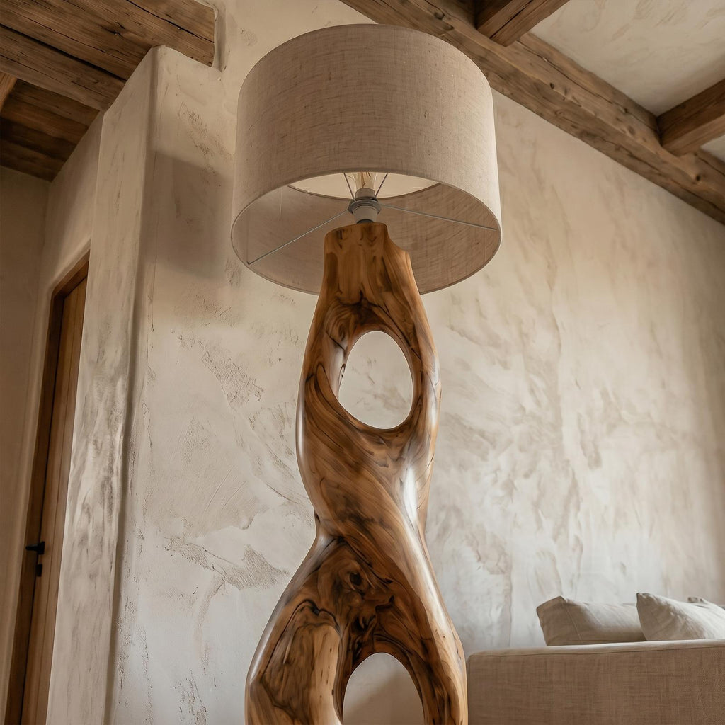 Rustic Floor Lamp with Handcrafted Hollow Wood Sculpture Base, Artistic Standing Light