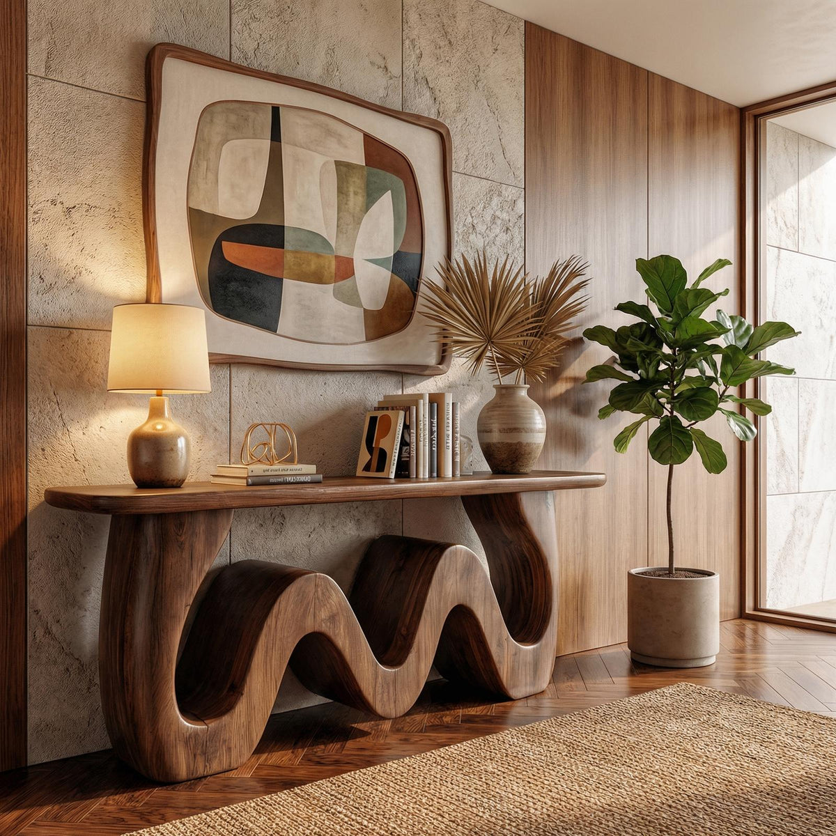 Organic Wave Console Table, Solid Wood Sculptural Curved Entryway Sofa Table for Living Room