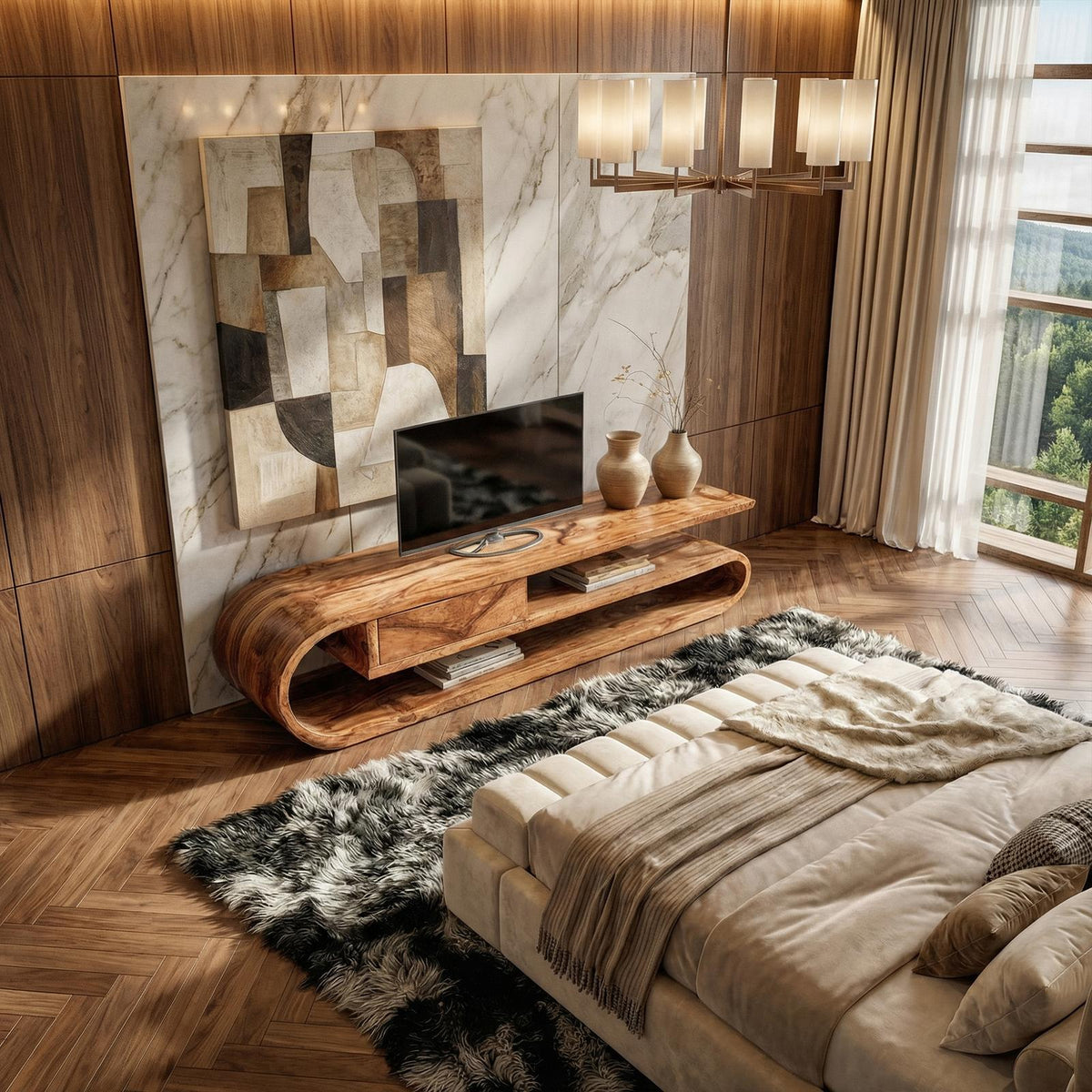 Contemporary TV Cabinet, Solid Wood Media Console, Modern Entertainment Center TV Stand for Living Room