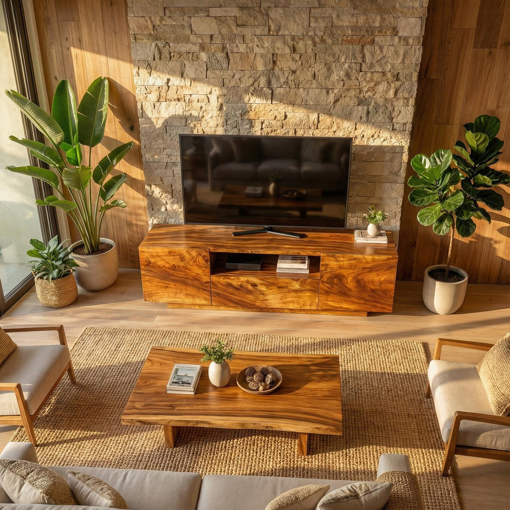 Modern Rustic TV Cabinet, Solid Wood Low Profile Block TV Stand, Living Room Media Console Unit