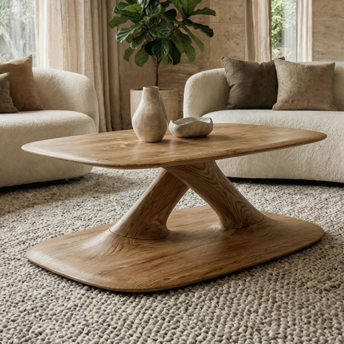 Modern Curved Coffee Table, Solid Wood Wave Accent Center Table for Cozy Living Room and Lounge