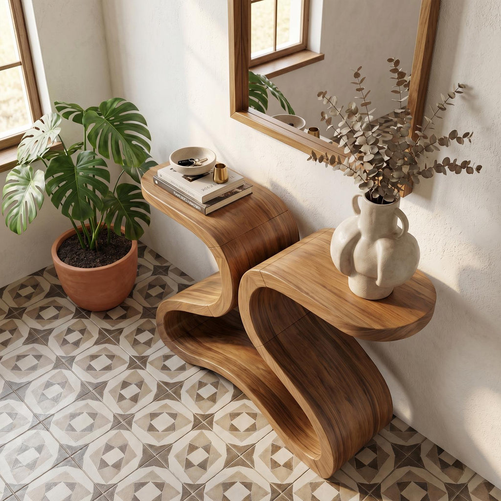 Spry Interior Organic Curved Console Table, Modern Solid Wood Entryway Sofa Table & Hallway Accent Credenza, SINLKICS568
