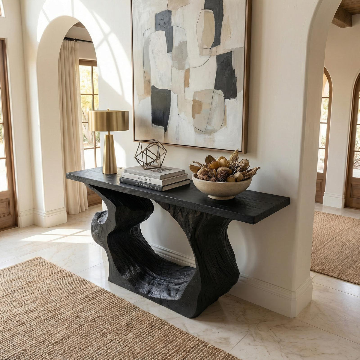 Sculptural Console Table, Modern Solid Wood Entryway Sofa Table & Accent Hallway Credenza