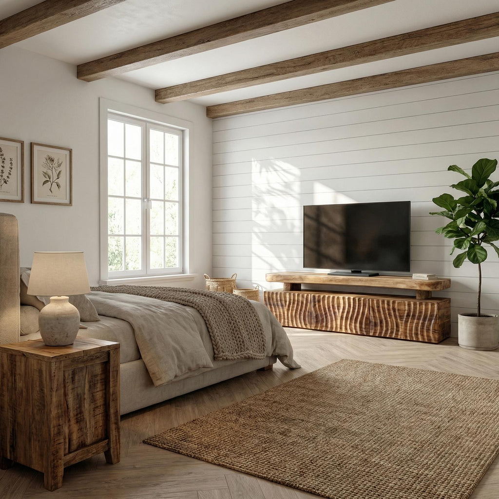 Modern TV Cabinet, Solid Wood Media Console with Unique Wave Pattern Storage for Living Room