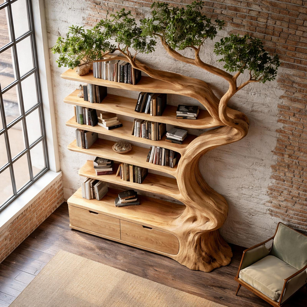 Rustic Tree Bookshelf with Storage Cabinet, Handcrafted Wood Branch Bookcase for Living Room