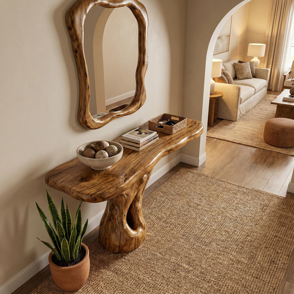 Spry Interior Rustic Tree Root Console Table, Natural Live Edge Solid Wood Entryway Table & Sofa Accent Credenza, SINLKICS570