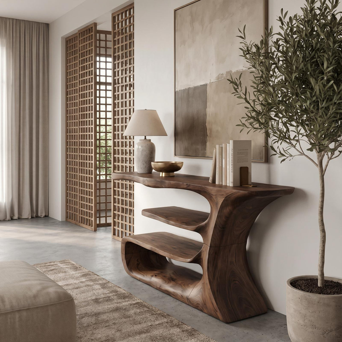 Sculptural Console Table, Solid Wood Artistic Accent Sofa Table for Elegant Living Room & Foyer