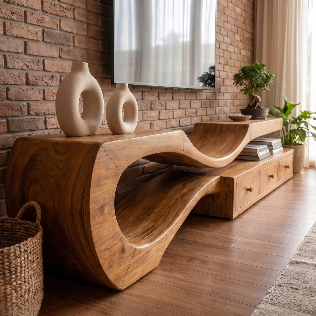 Modern TV Cabinet with Sculptural Curved Wood Base, Handcrafted Storage Drawers, Solid Wood Media Stand Credenza