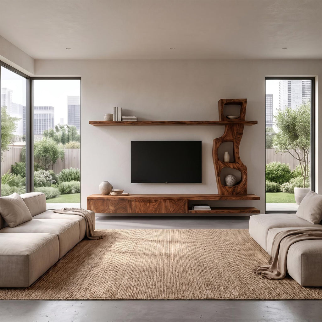 Sculptural Wood TV Cabinet with Tree Inspired Storage Shelves & Unique Media Credenza for Living Room
