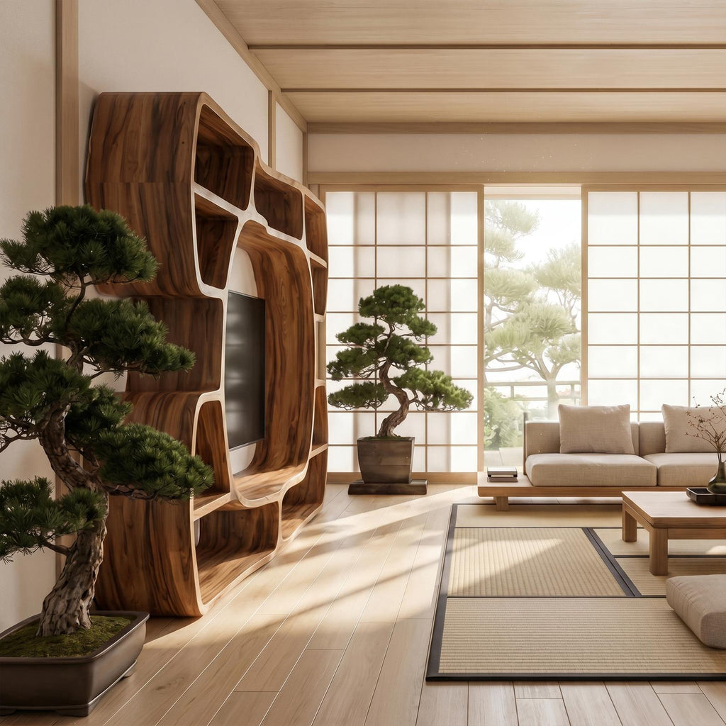 Organic Wood Entertainment Center with Sculptural Surround Shelves & Large TV Console for Living Room