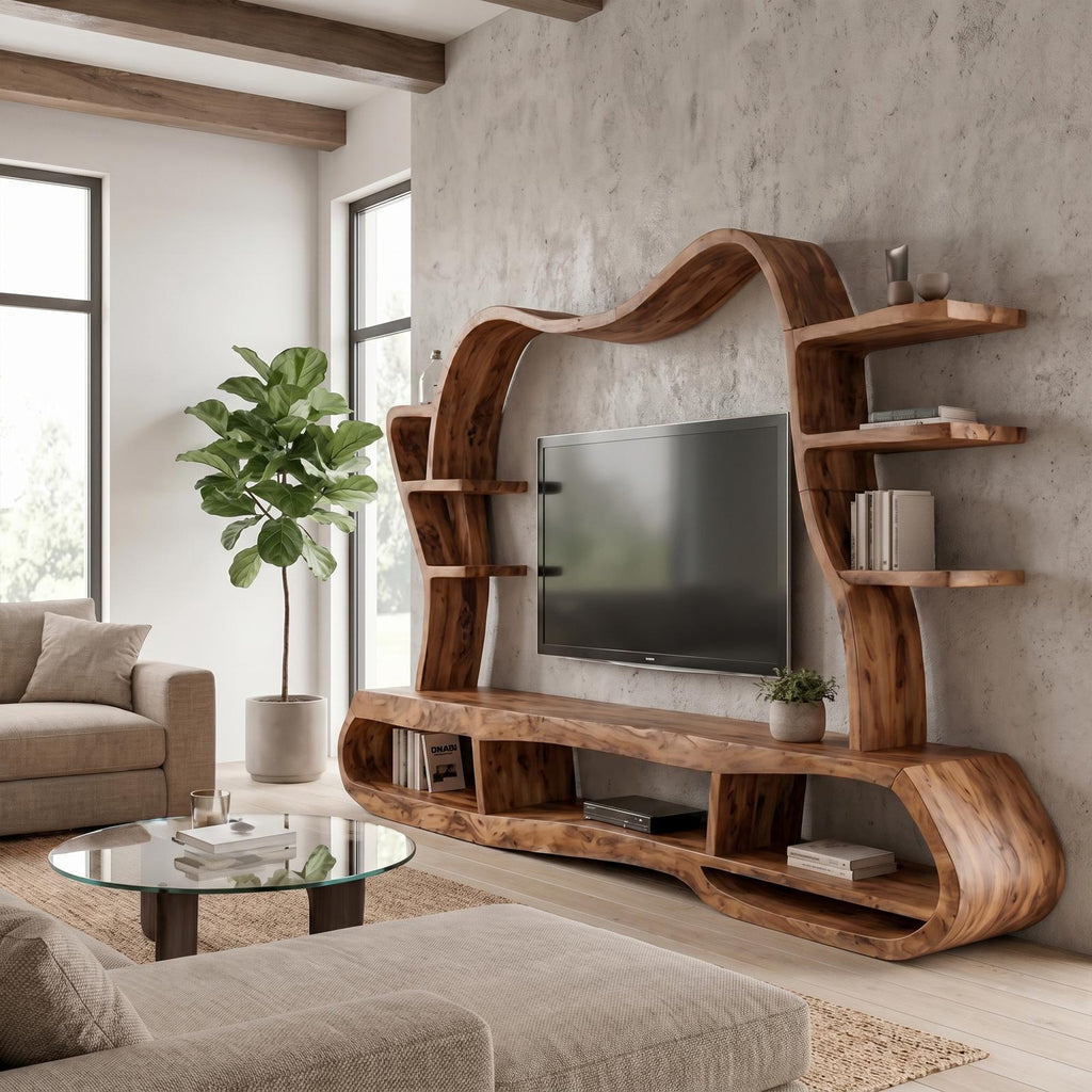 Modern Wood Entertainment Center with Sculptural Curved Shelving, Luxury Living Room TV Stand Console