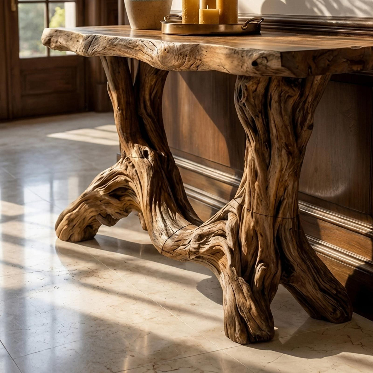 Spry Interior Sculptural Single Pedestal Wood Console Table, Handmade Entryway Accent Table Statement Furniture for Living Room, SINLKICS478