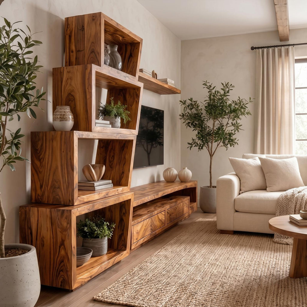 Organic Wood TV Cabinet with Artistic Open Shelving System & Modern Media Console Table for Living Room