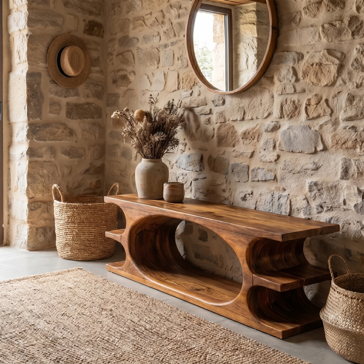 Organic Sculptural Wooden Bench with Flowing Curved Base, Solid Wood Hallway Seating & Living Room Accent Bench