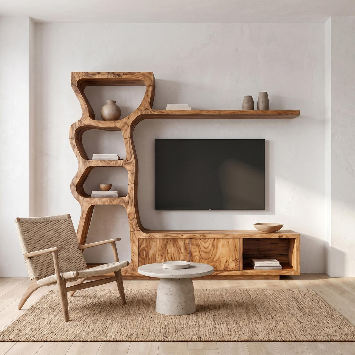 Modern Wood TV Cabinet with Curved Built-In Display Shelves & Entertainment Center Console for Living Room