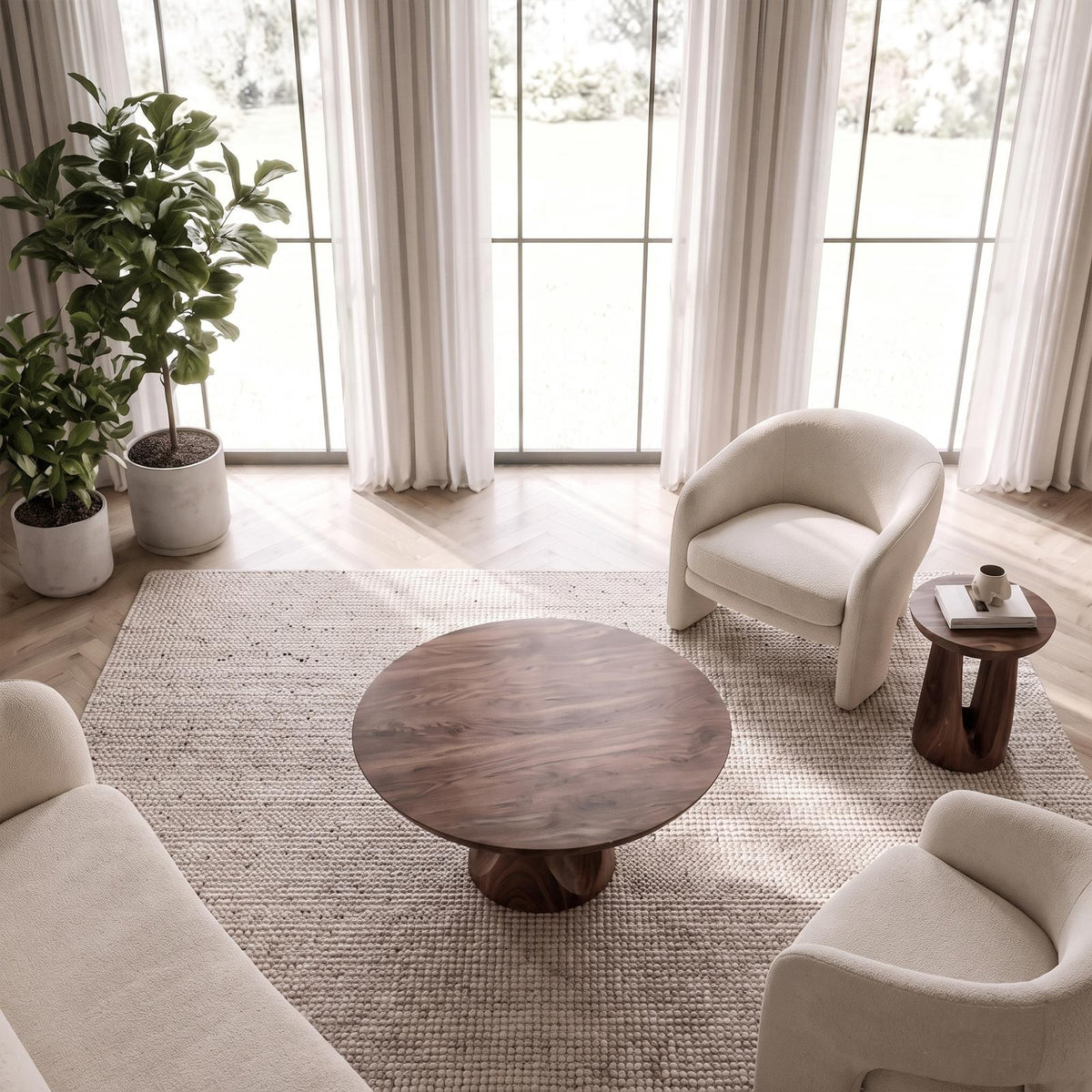 Contemporary Round Coffee Table, Solid Wood Minimalist Sculptural Accent Table for Living Room, Lounge, Family Room