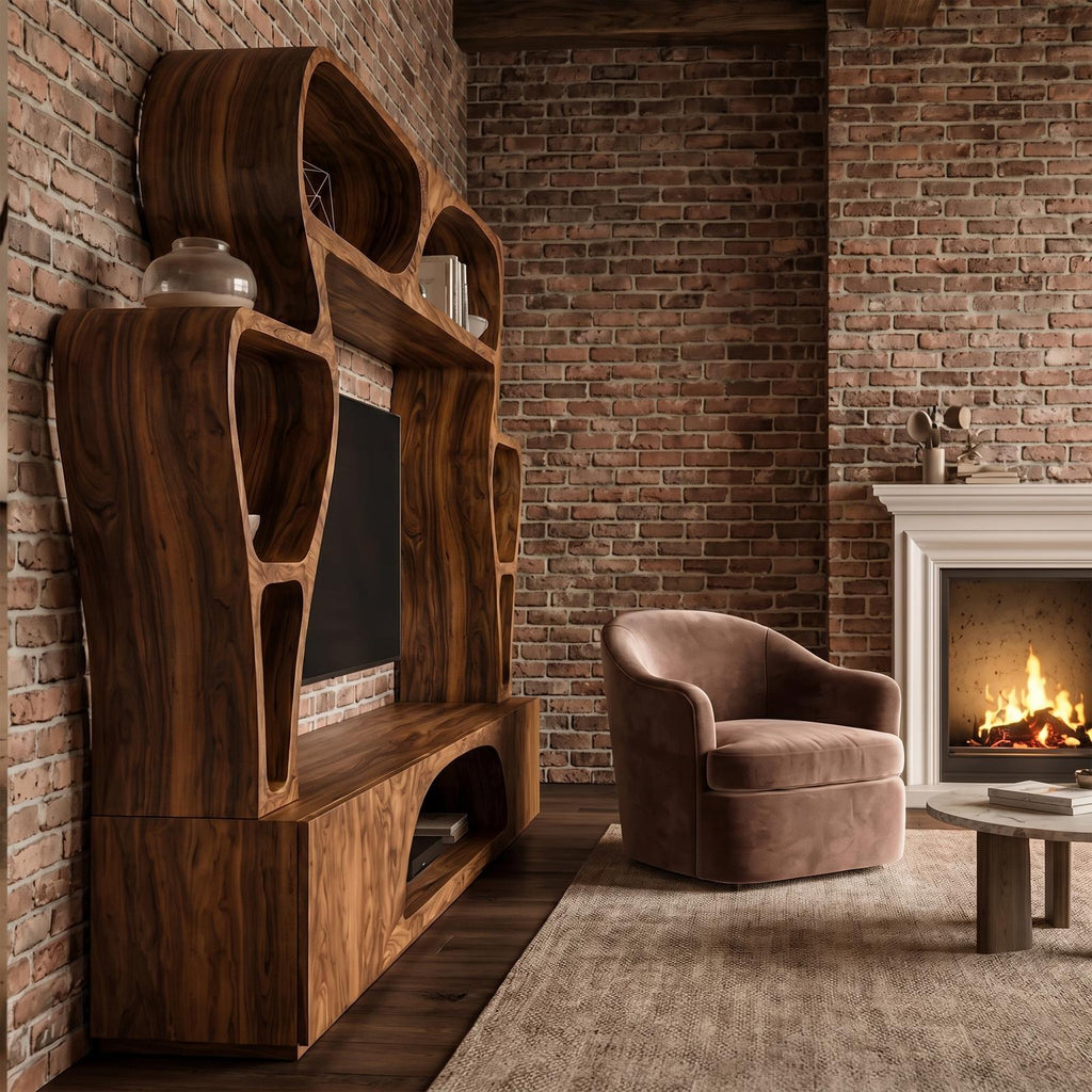 Solid Wood Statement TV Console, Handcrafted Living Room Entertainment Center with Sculptural Wall Shelves, Model