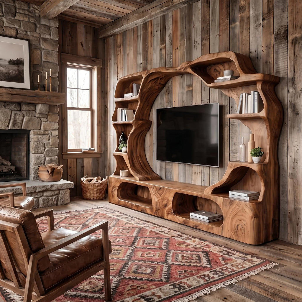 Nature-Inspired Wooden Entertainment Center, Handcrafted Living Room TV Console with Organic Display Shelves, Model