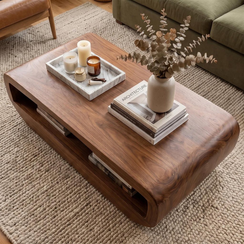 Rustic Natural Wood Coffee Table with Storage Shelf, Solid Wood Center Table for Cozy Living Room