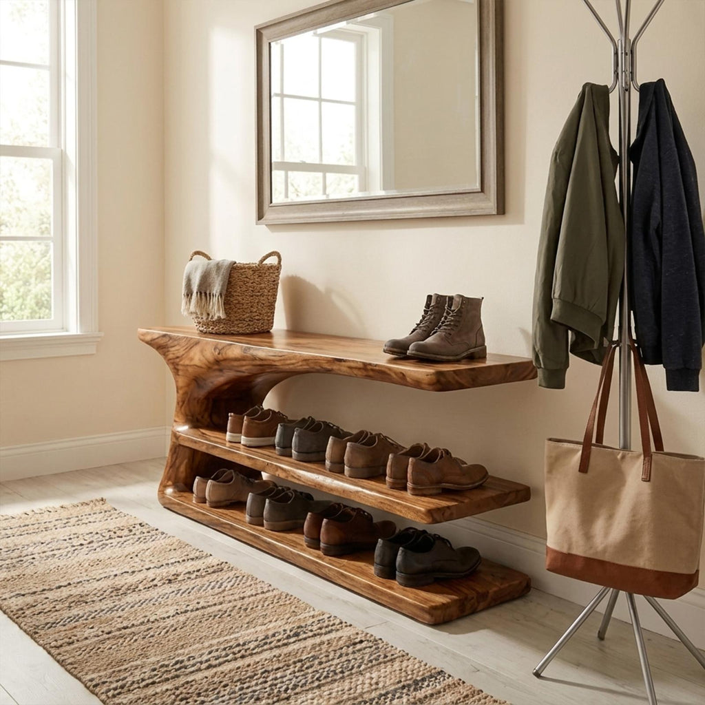 Mid Century Natural Wood Shoe Storage Bench Hallway
