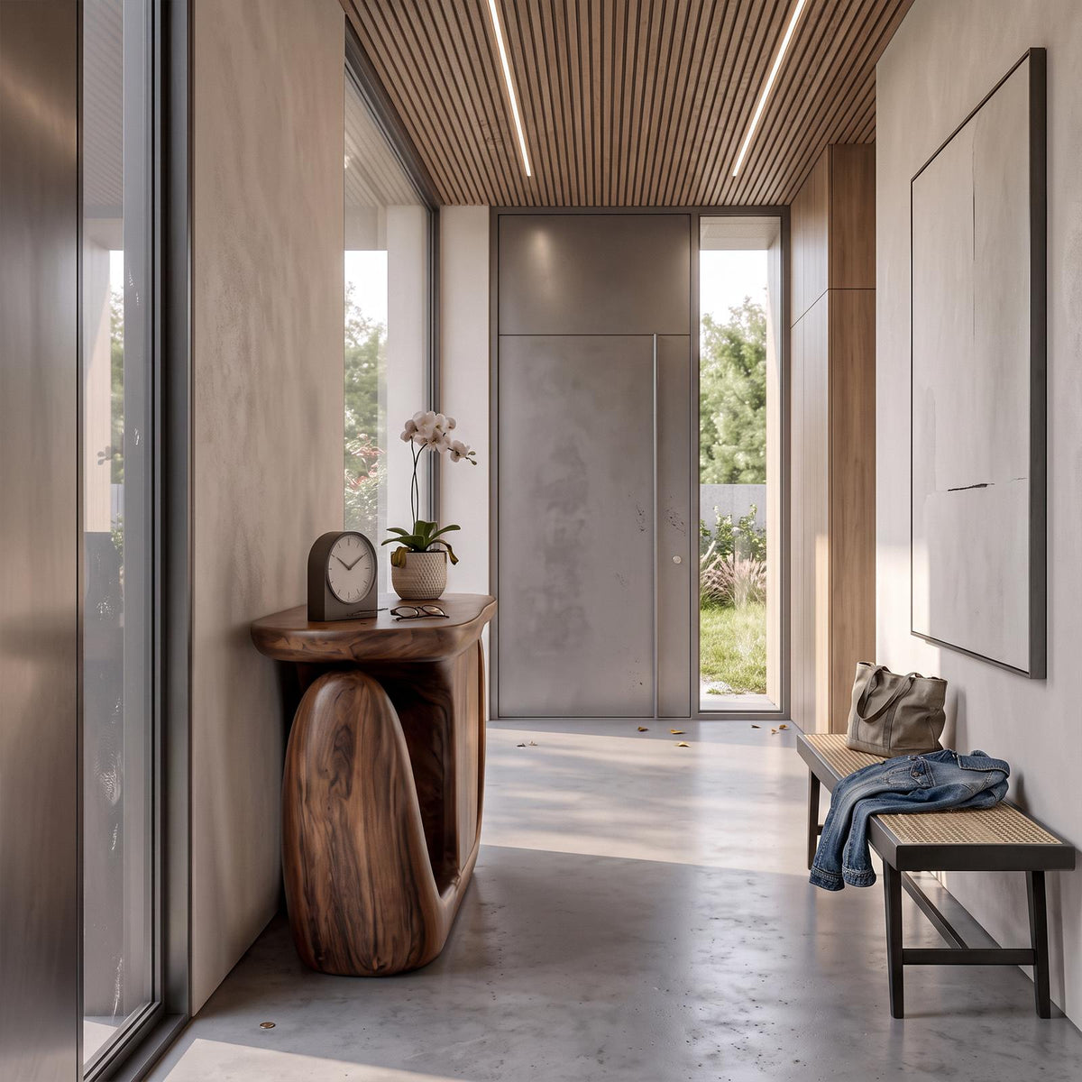 Contemporary Console Table With Sculptural Base And Storage For Entryway