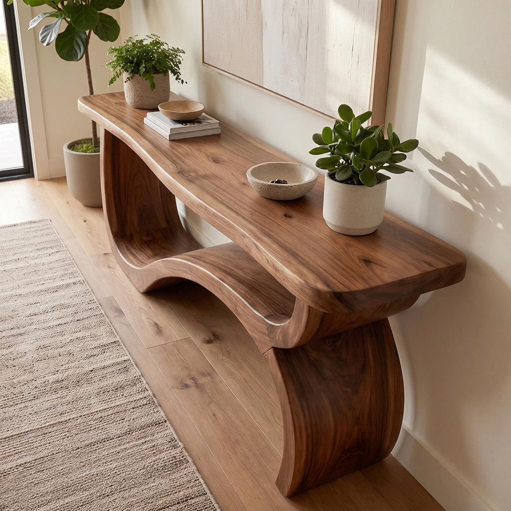 Modern Console Table Table With Sculptural Open Wood Base For Living Room