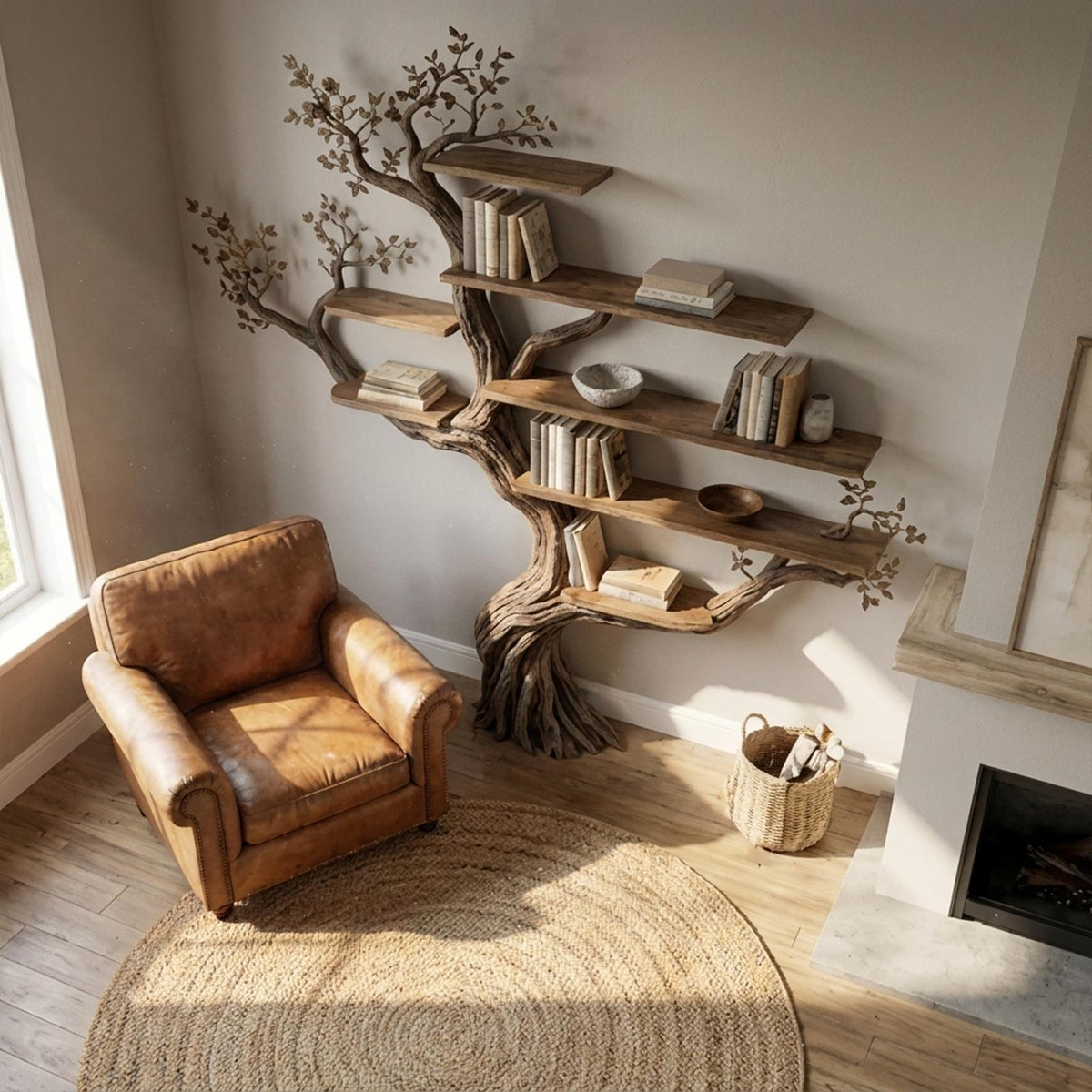 Modern Organic Tree Bookshelf, Flowing Sculptural Solid Wood Wall Mounted Floating Branch Bookcase for Living Room