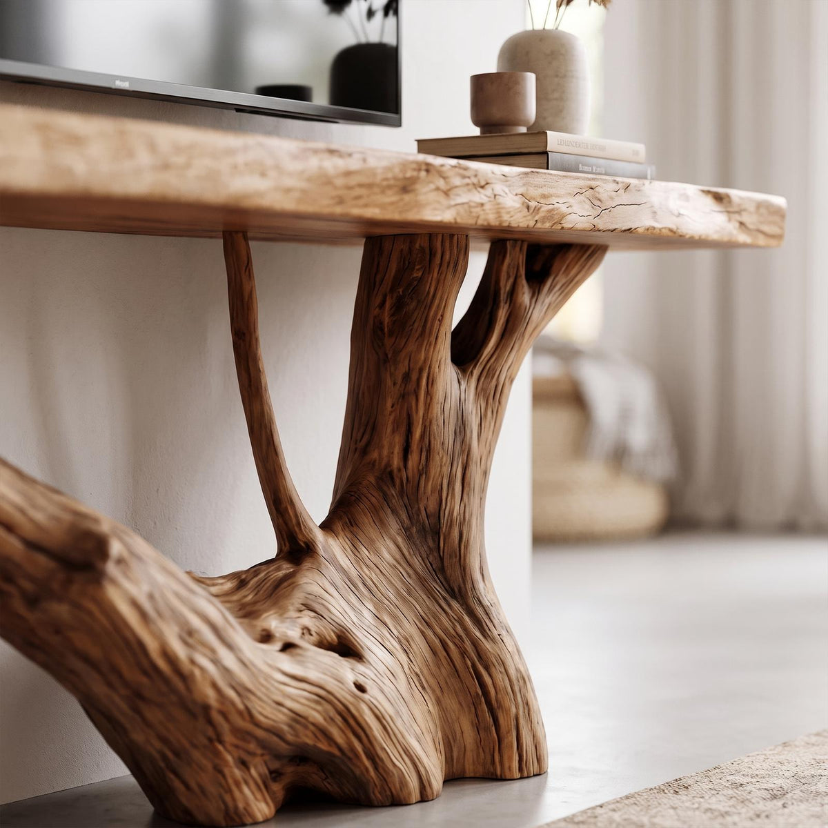 Nature Inspired TV Stand With Handcrafted Tree Root Design For Living Room