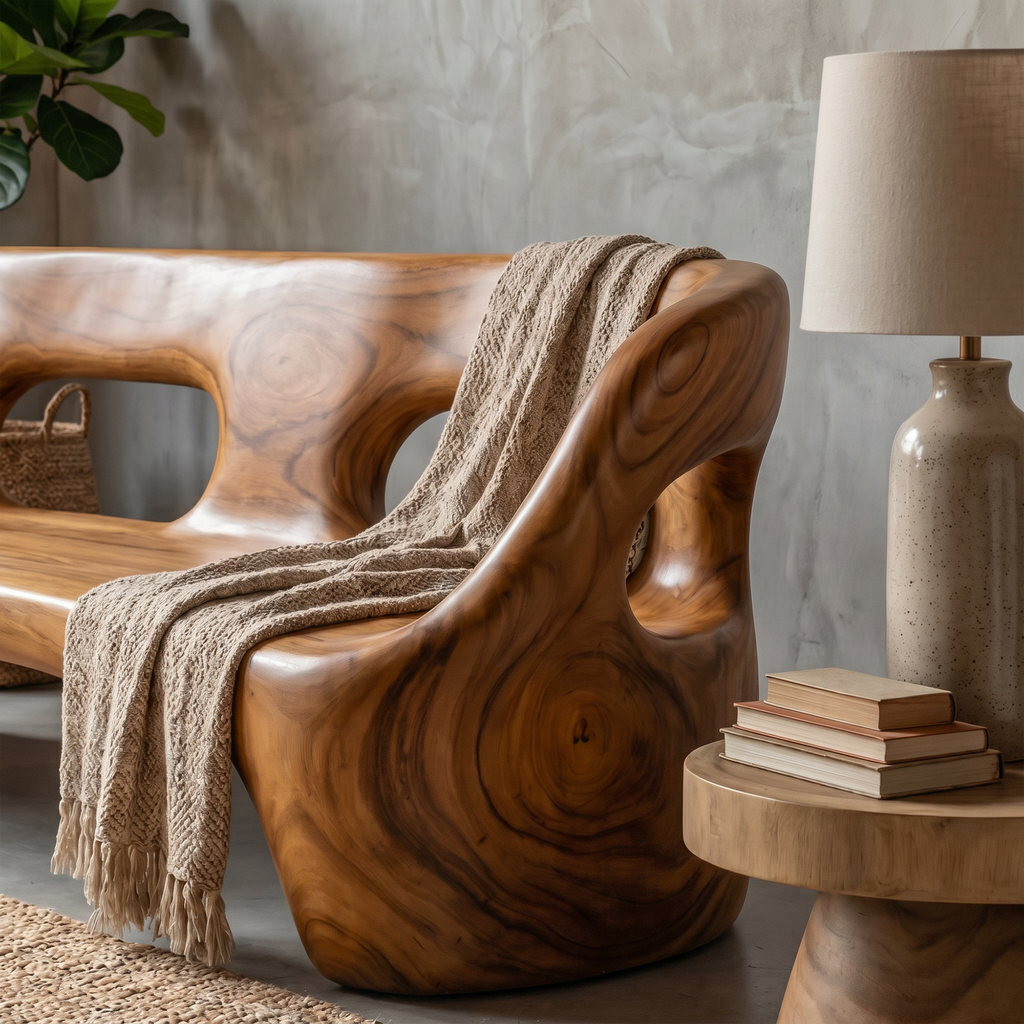 Contemporary Sculptural Sofa Frame, Curved Solid Wood Couch Frame for Modern Living Room Decor